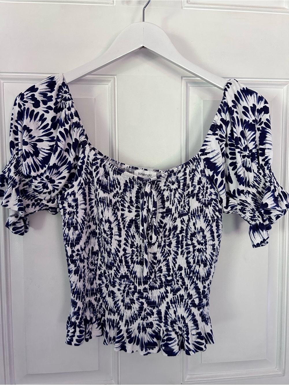 Sugarlips Navy & White Floral Tie-Front Smocked Crop Top